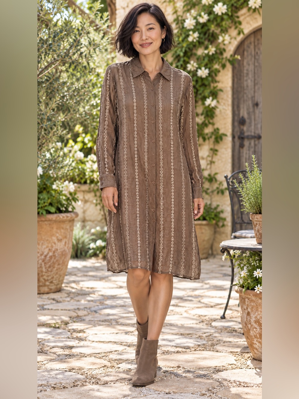 Johnny Was Brown Embroidered Rayon Shirt Dress Tunic M